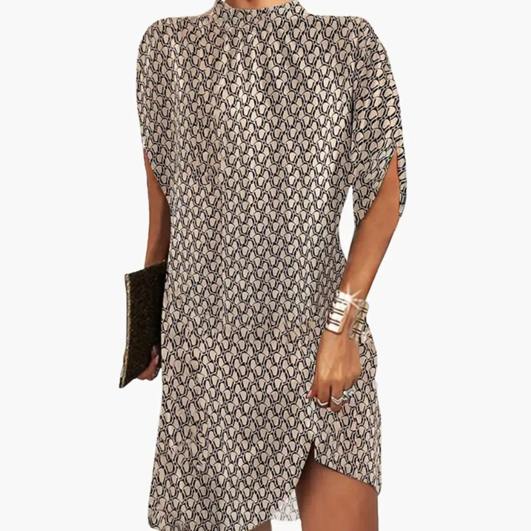 Women's knee-length dress with high neckline and geometric beige and black print