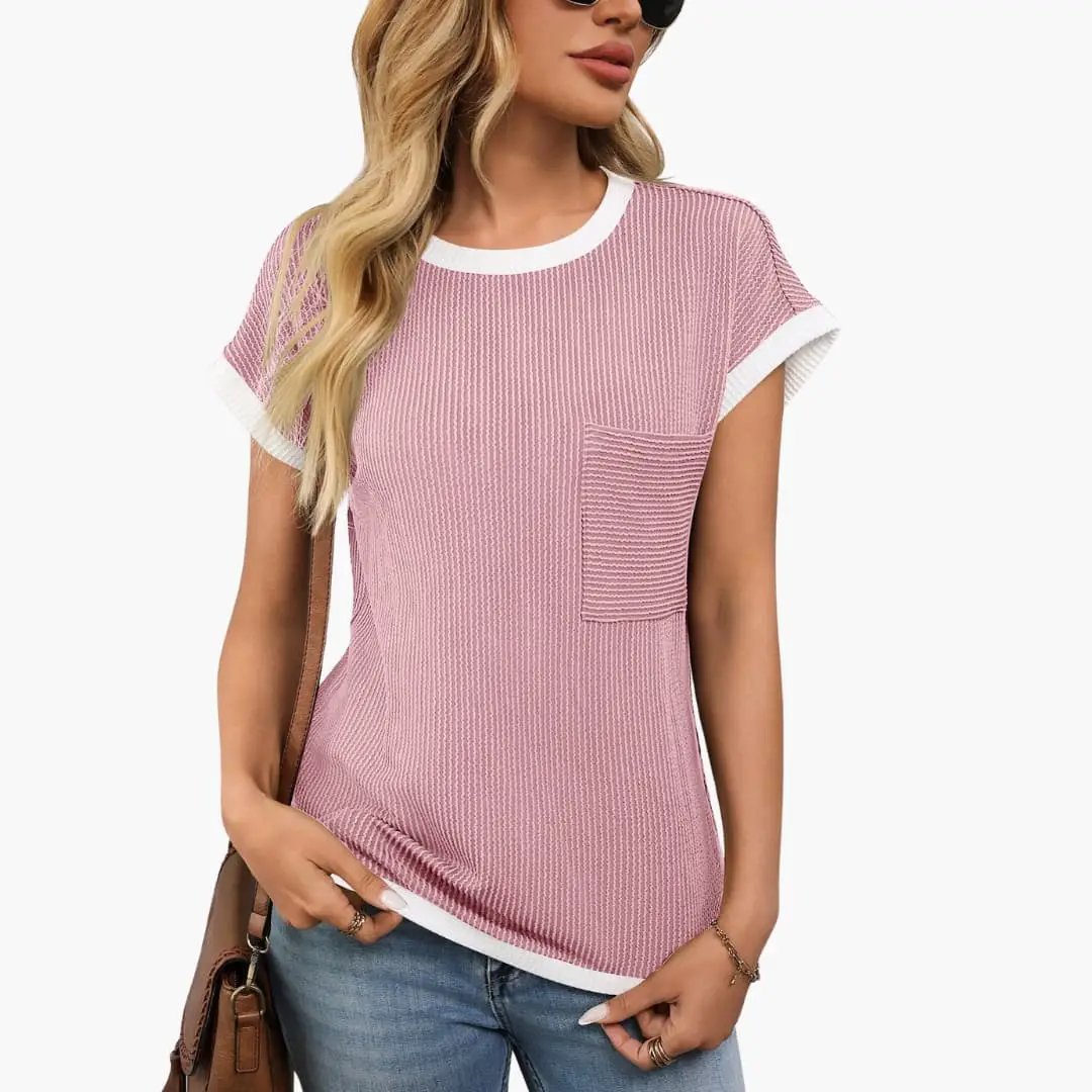 Women's knit crew neck short sleeve T-shirt by Wilfred Smith in pink with white trim and front pocket