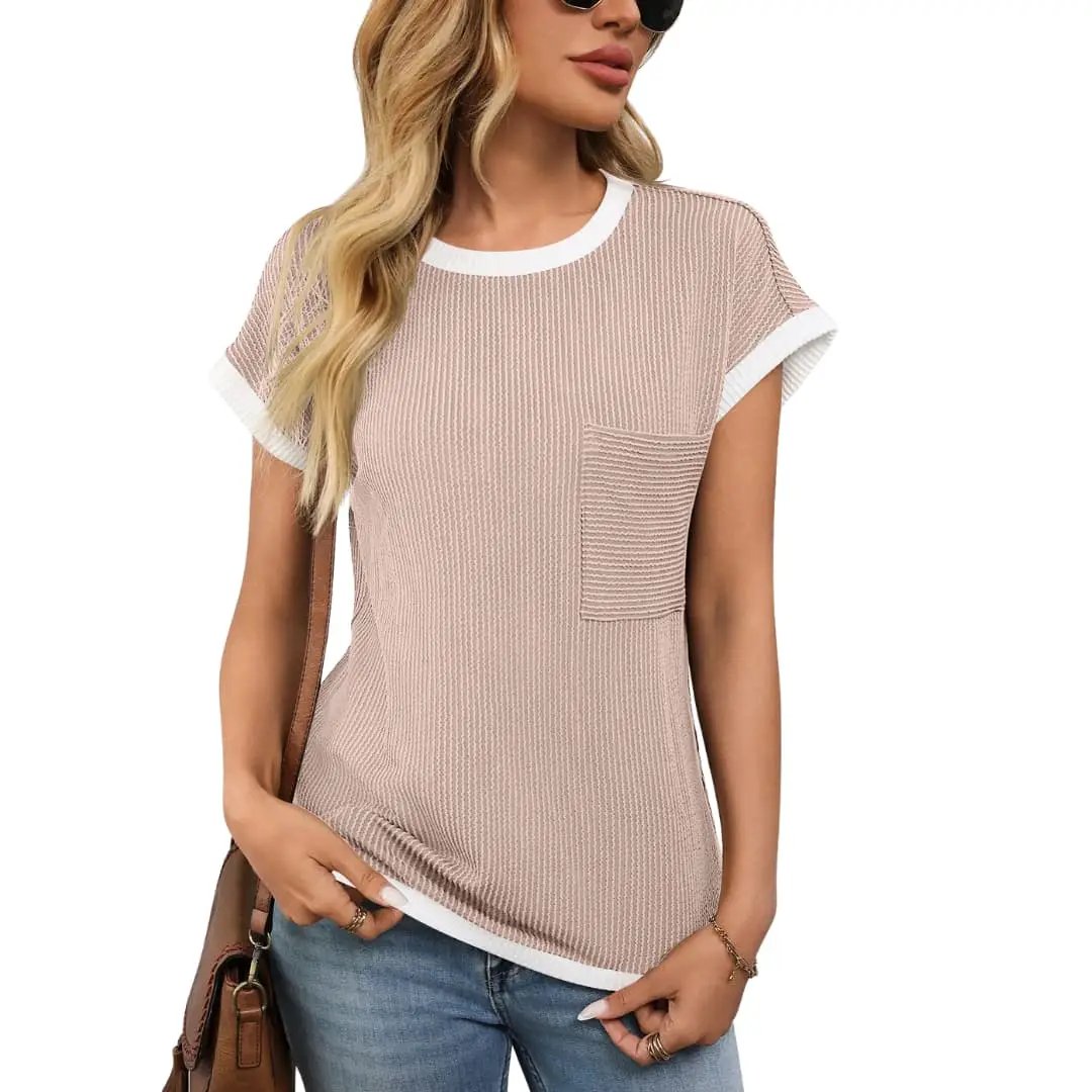 Women's knit crew neck short sleeve T-shirt in taupe with white trim and front pocket