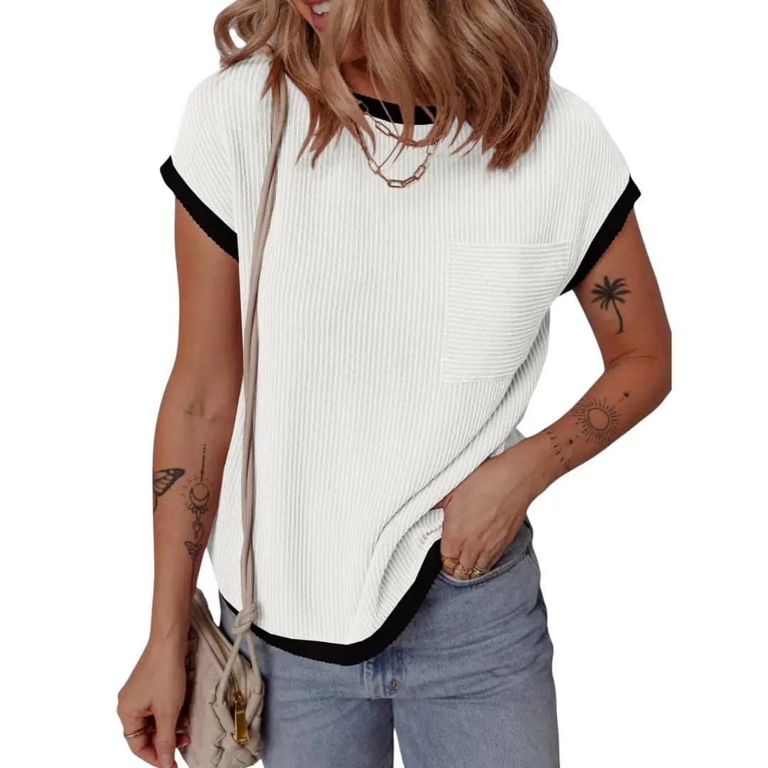 Women's knit crew neck contrast panel short sleeve T-shirt in white rib knit with black trim and front pocket