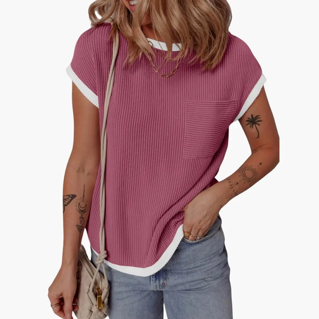 Women's knit crew-neck T-shirt in pink with white contrast trim and chest pocket