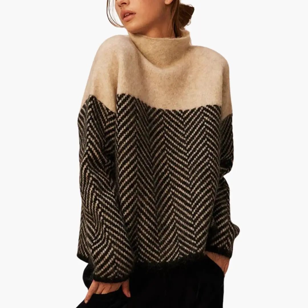 Women's knit sweater with stand collar in beige and black chevron pattern by Wilfred Smith