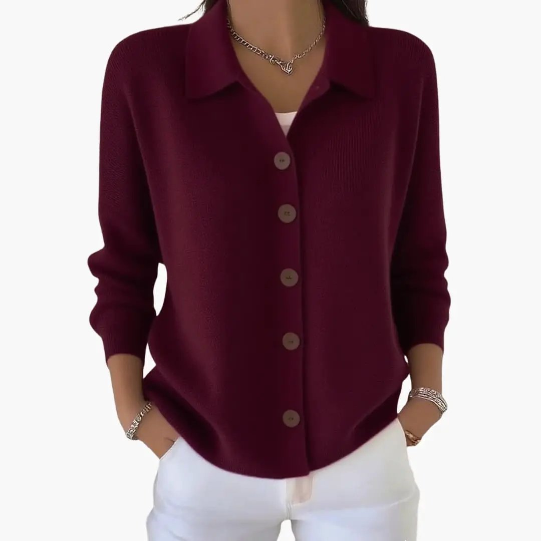 Women's lapel collar cardigan by Wilfred Smith, burgundy textured knit with button closure.