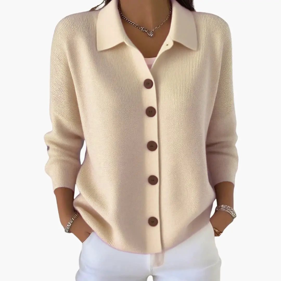Women's lapel-collar cardigan with button closure in cream textured knit by Wilfred Smith