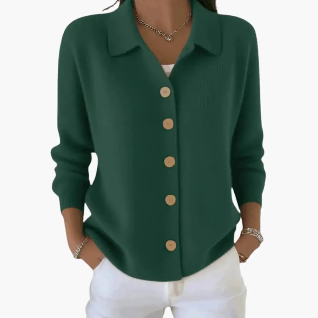 Women's green lapel-collar cardigan with button closure and textured knit