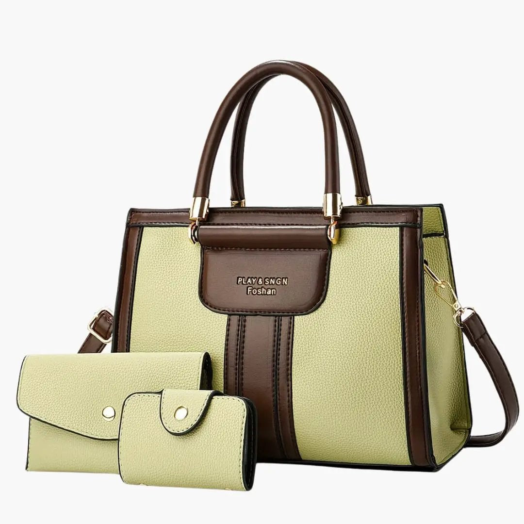 Women's Leather Shoulder Bag with magnetic flap and adjustable strap; lime green with brown trim; wallet/card holder.