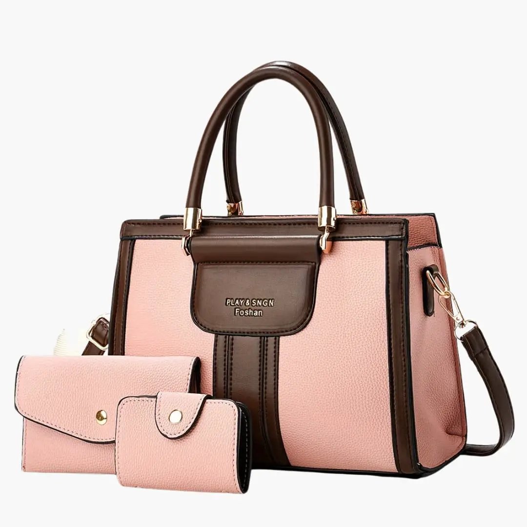 Women's leather shoulder bag, pink and brown color-block with magnetic flap and adjustable strap by Wilfred Smith