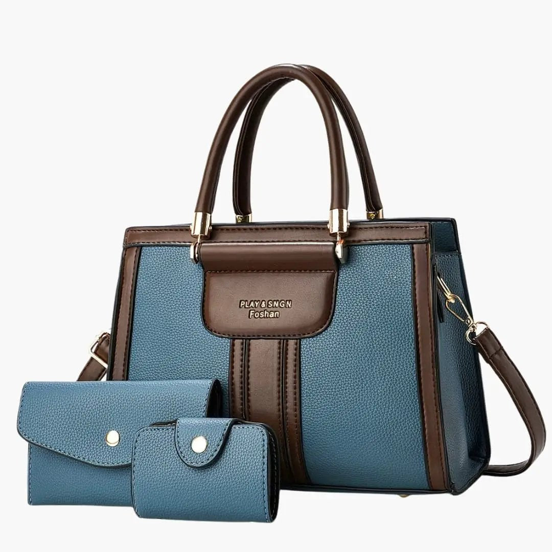 Women's leather shoulder bag with magnetic flap and adjustable strap; teal blue with brown trim; 3-piece set