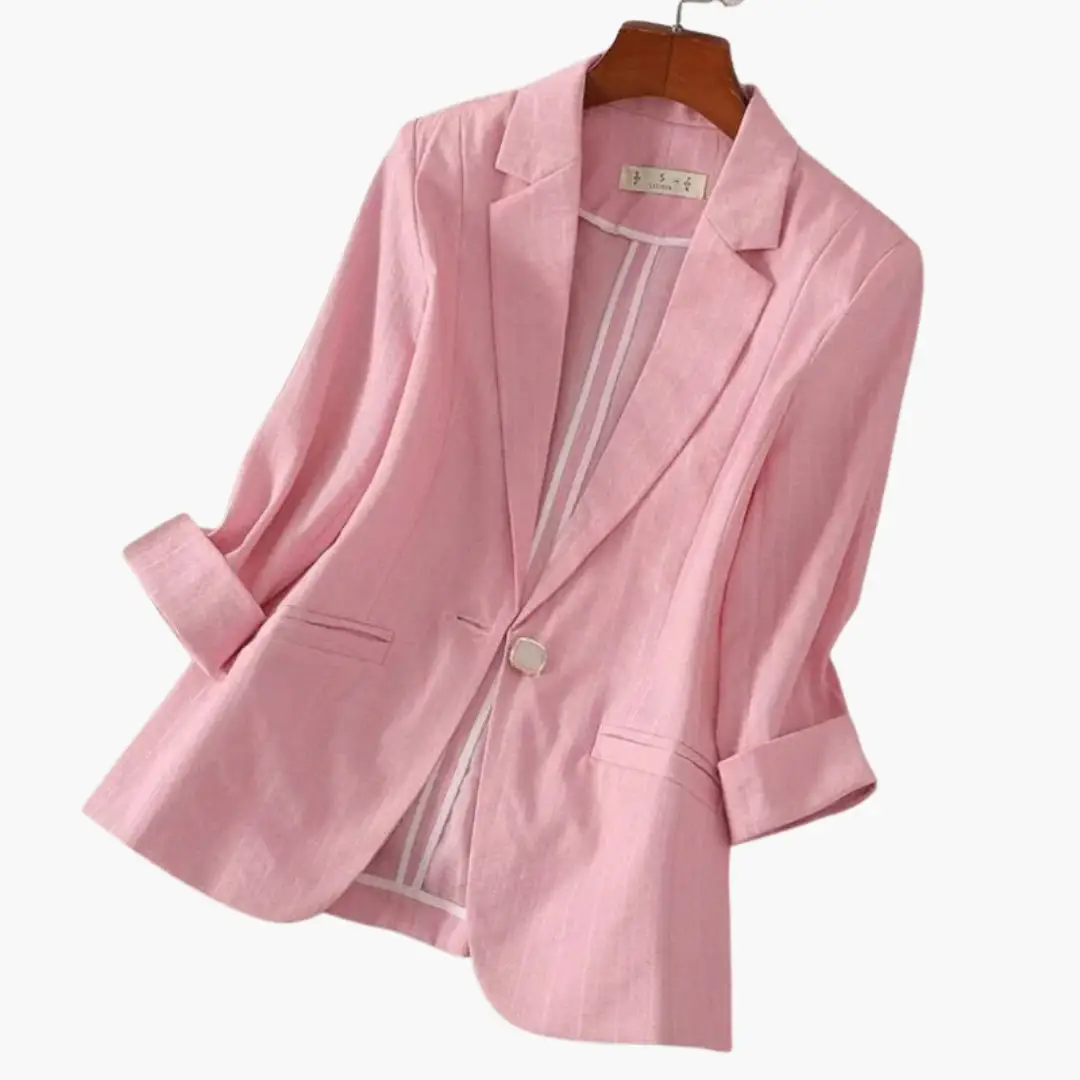 Women’s pink linen blazer with roll-up sleeves, single-button closure, by Wilfred Smith