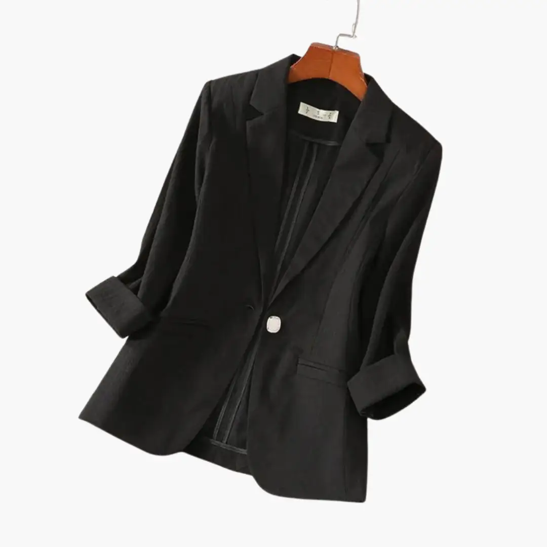 Women's black linen blazer with rolled sleeves and single-button closure by Wilfred Smith.