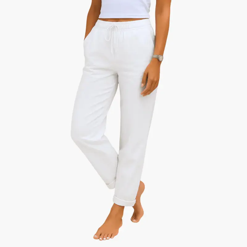 Women's linen pants with elastic waistband and drawstring, white trousers