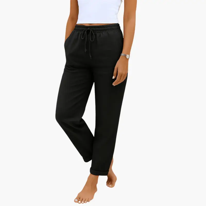 Women's linen pants with elastic waistband and drawstring, black with rolled cuffs