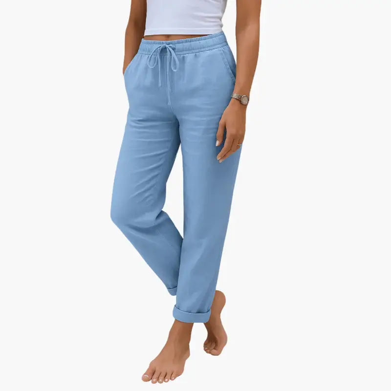 Women's Linen Pants with Elastic Waistband and Drawstring, light blue, rolled cuffs.