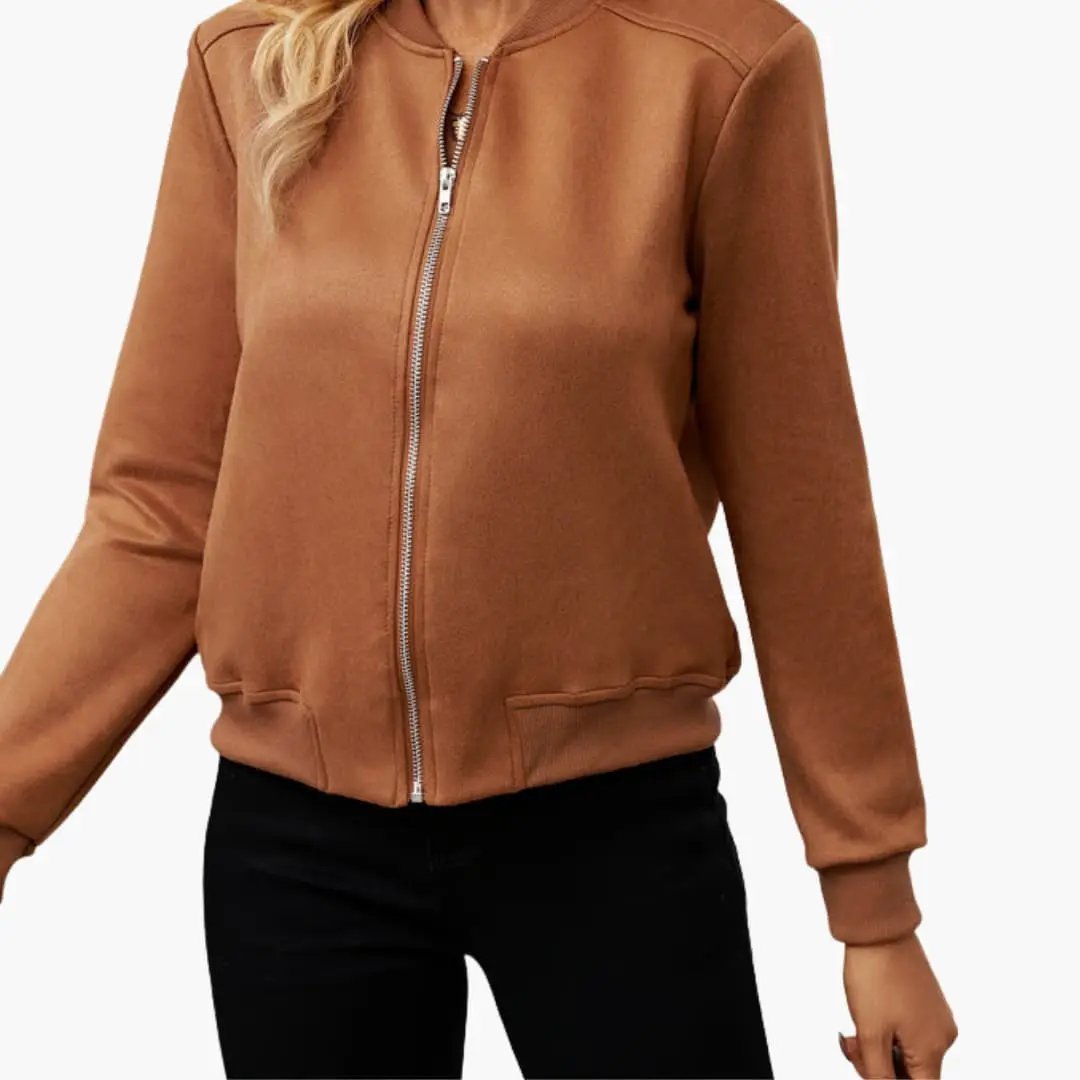 Women’s Long-Sleeve Bomber Jacket with Ribbed Hem in tan, zip-front with ribbed cuffs.
