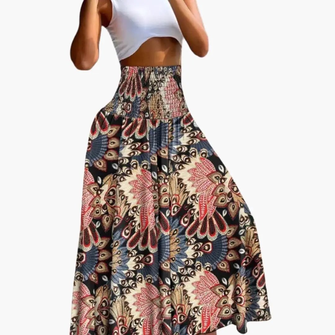 Women's long A-line skirt with elastic waistband and side pockets in a multicolor printed pattern