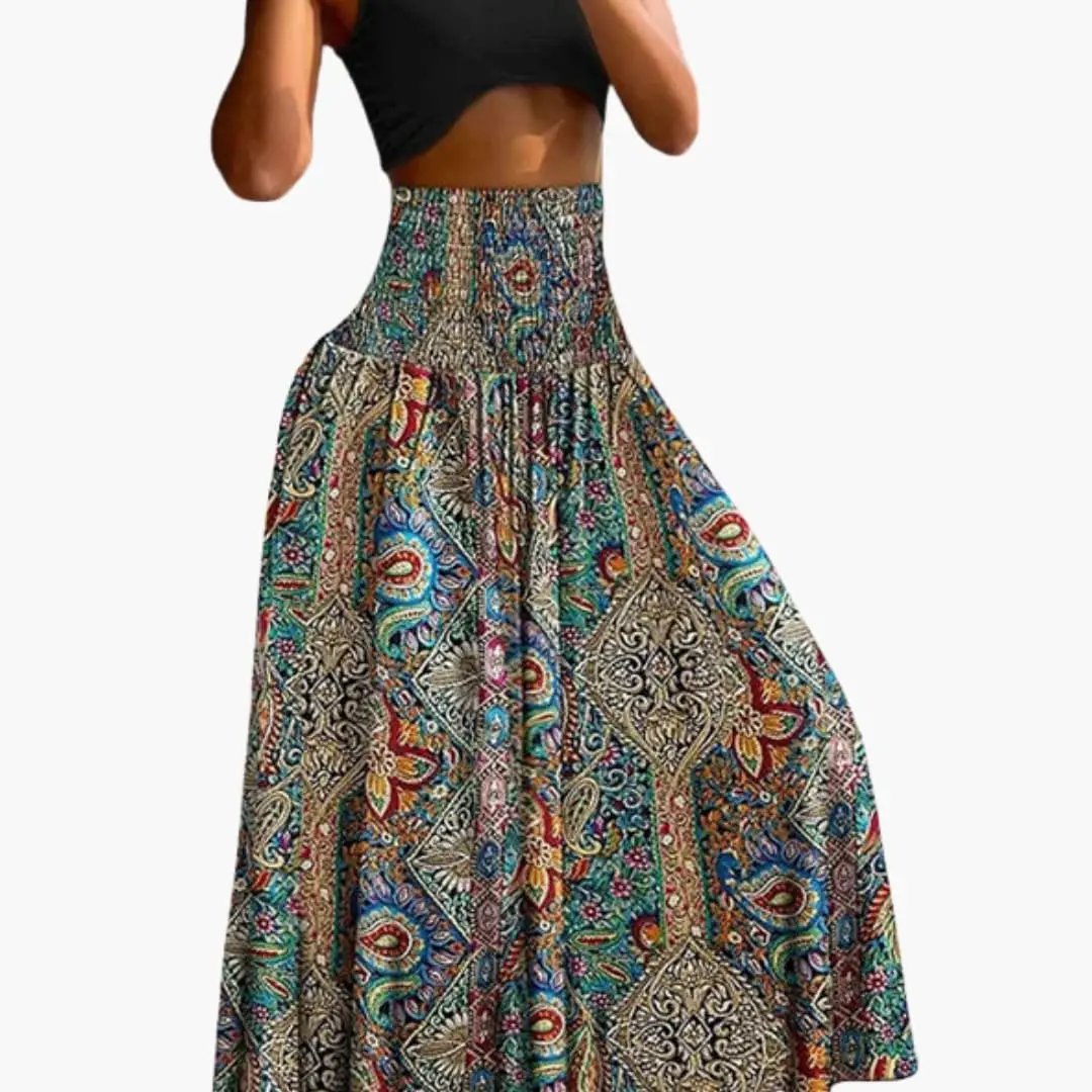 Women's Long A-Line Skirt by Wilfred Smith with elastic waistband in a multicolor paisley print