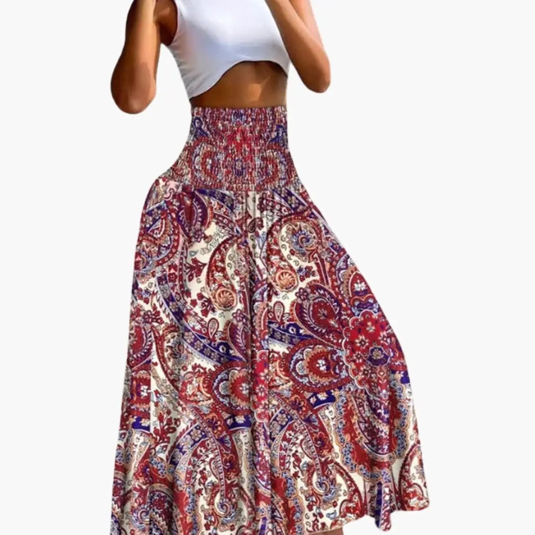 Wilfred Smith Women's Long A-Line Skirt with elastic waistband and paisley print.