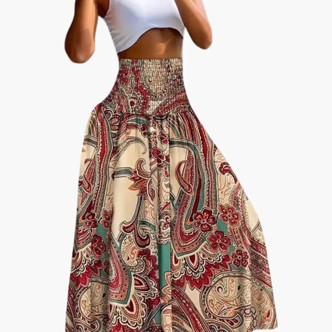 Women's Skirt by Wilfred Smith, long A-line with elastic waistband in red-beige paisley print