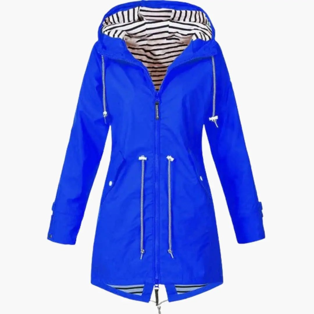 Women’s long hooded rain coat by Wilfred Smith, blue with striped lining, adjustable drawstring waist