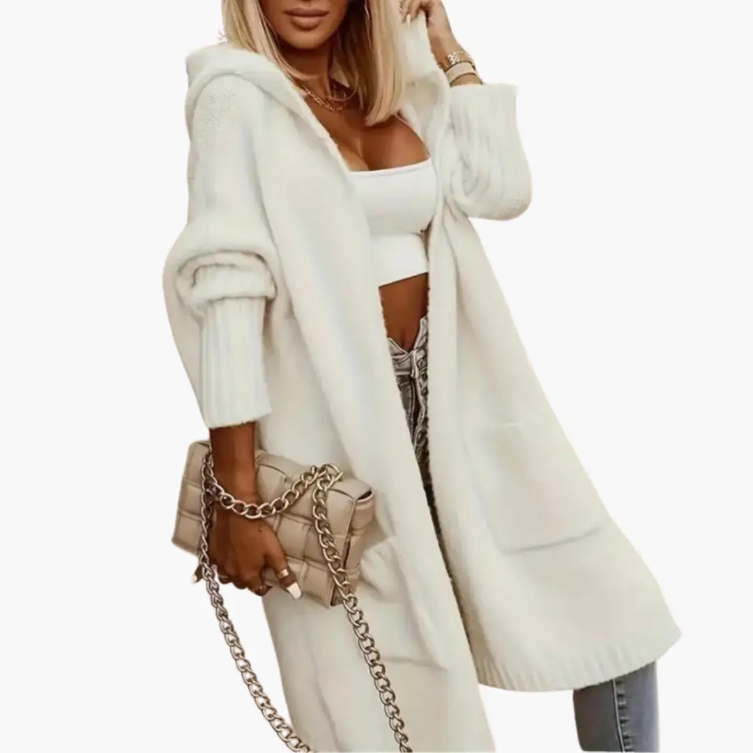Women’s long hooded knitted cardigan in white with open front and side pockets