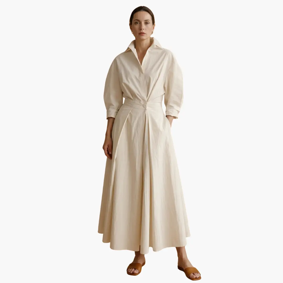 Women's long shirt dress with waist detail and button front in cream by Wilfred Smith