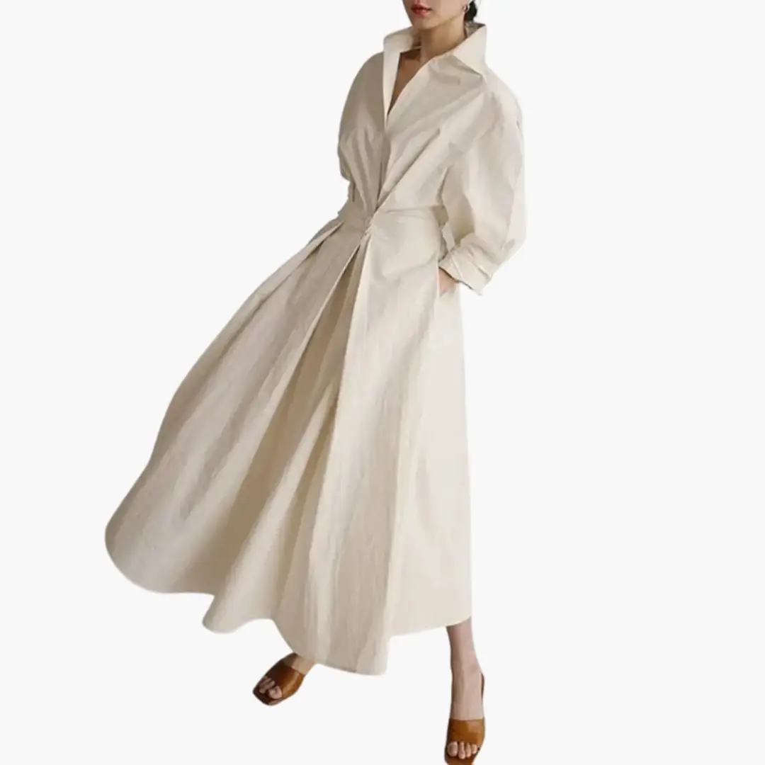 Women's long shirt dress in cream with waist detail and button-front closure