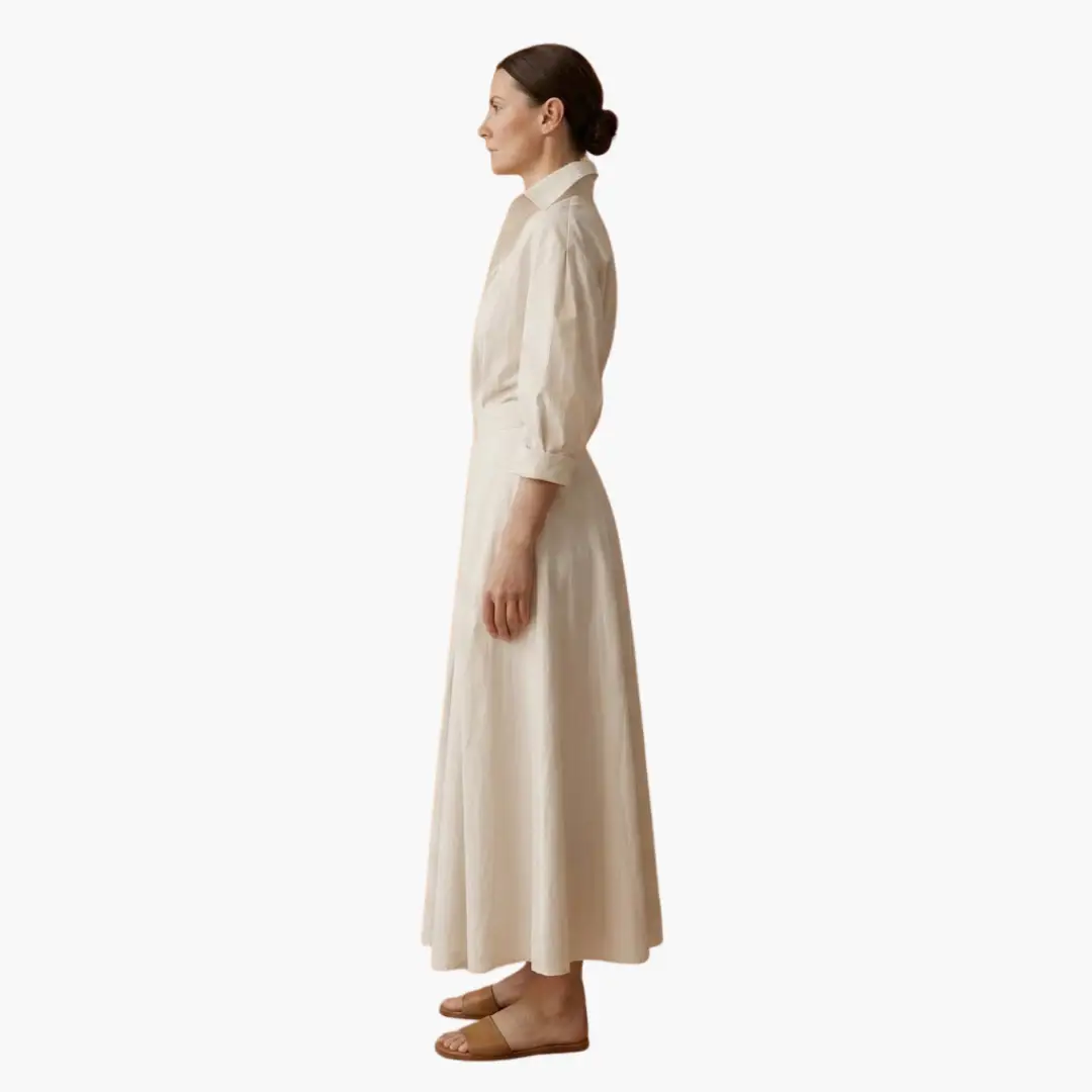 Women's long shirt dress in cream with waist detail and button-front