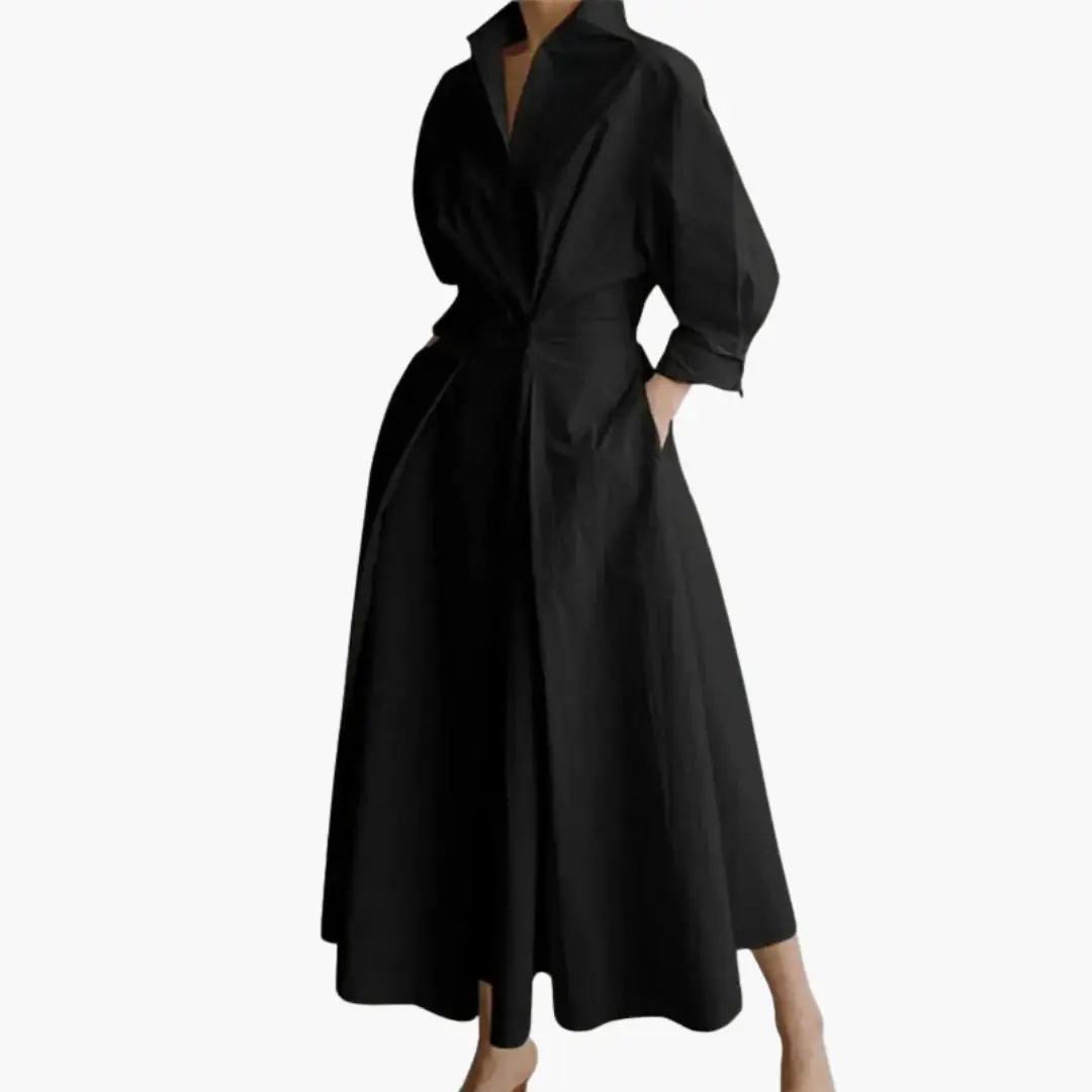 Women's long shirt dress with waist detail and button-front in black