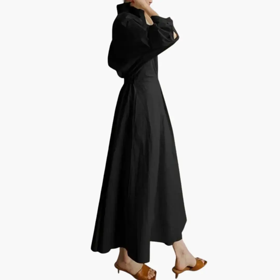 Women’s long black shirt dress with waist cinch and button front