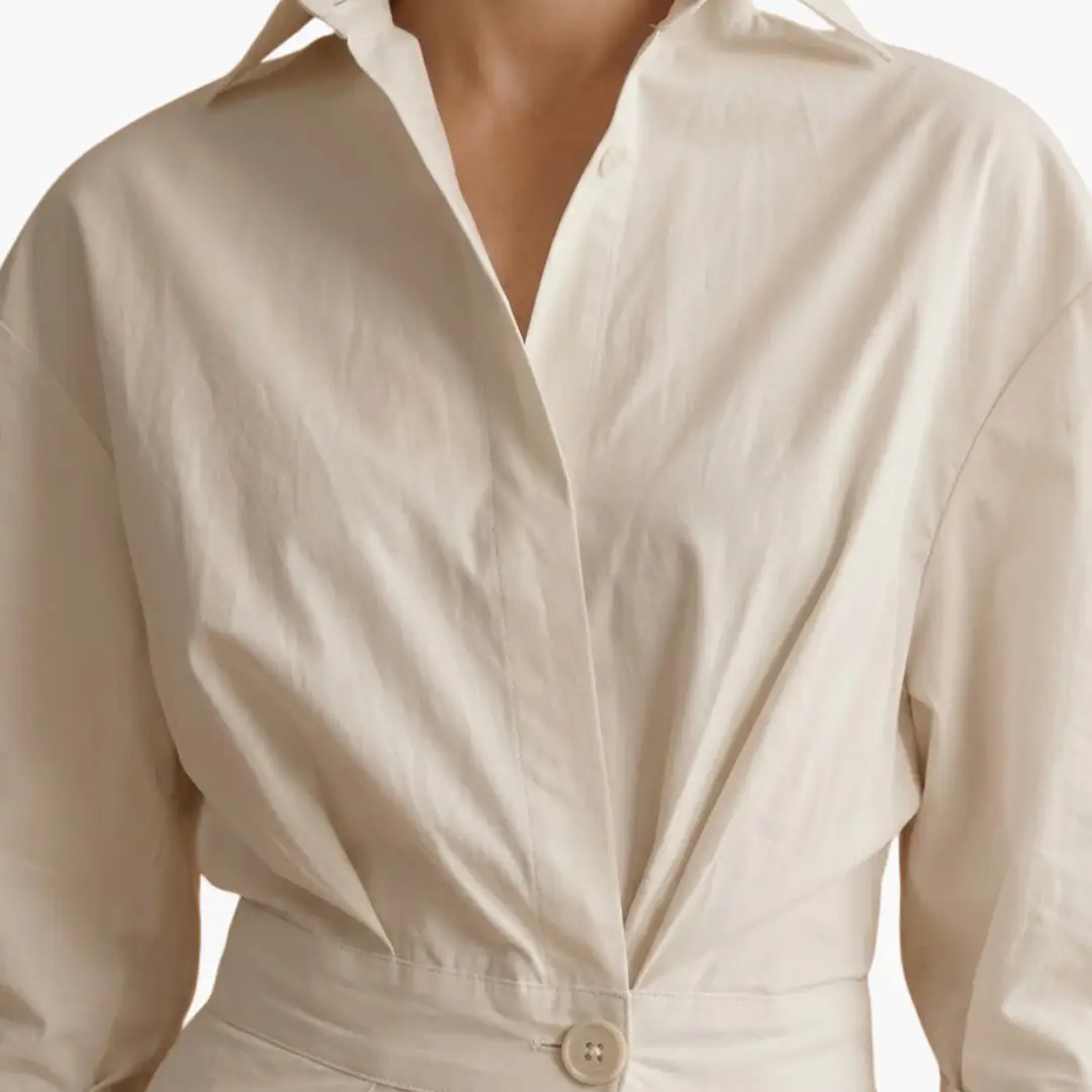 Women's long shirt dress in cream with waist detail and button-front by Wilfred Smith