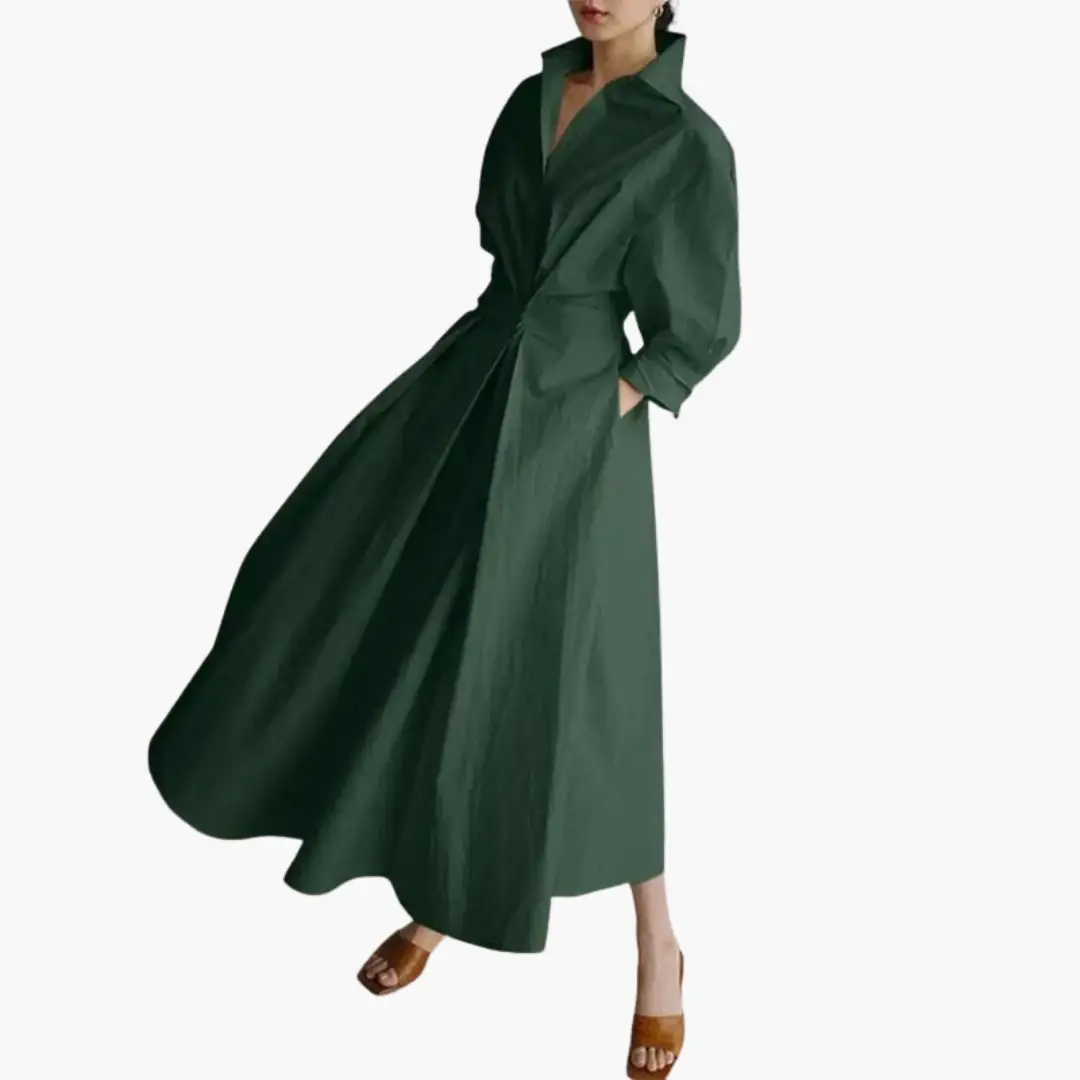 Wilfred Smith Women's shirt dress in dark green, long length with waist detail and button-front