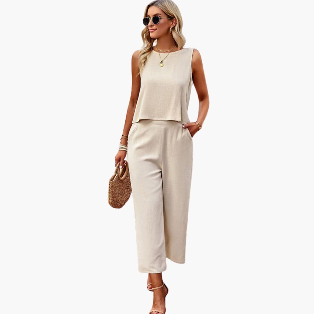Women’s Long Sleeve Button Front Jumpsuit by Wilfred Smith in beige linen-look, one-piece