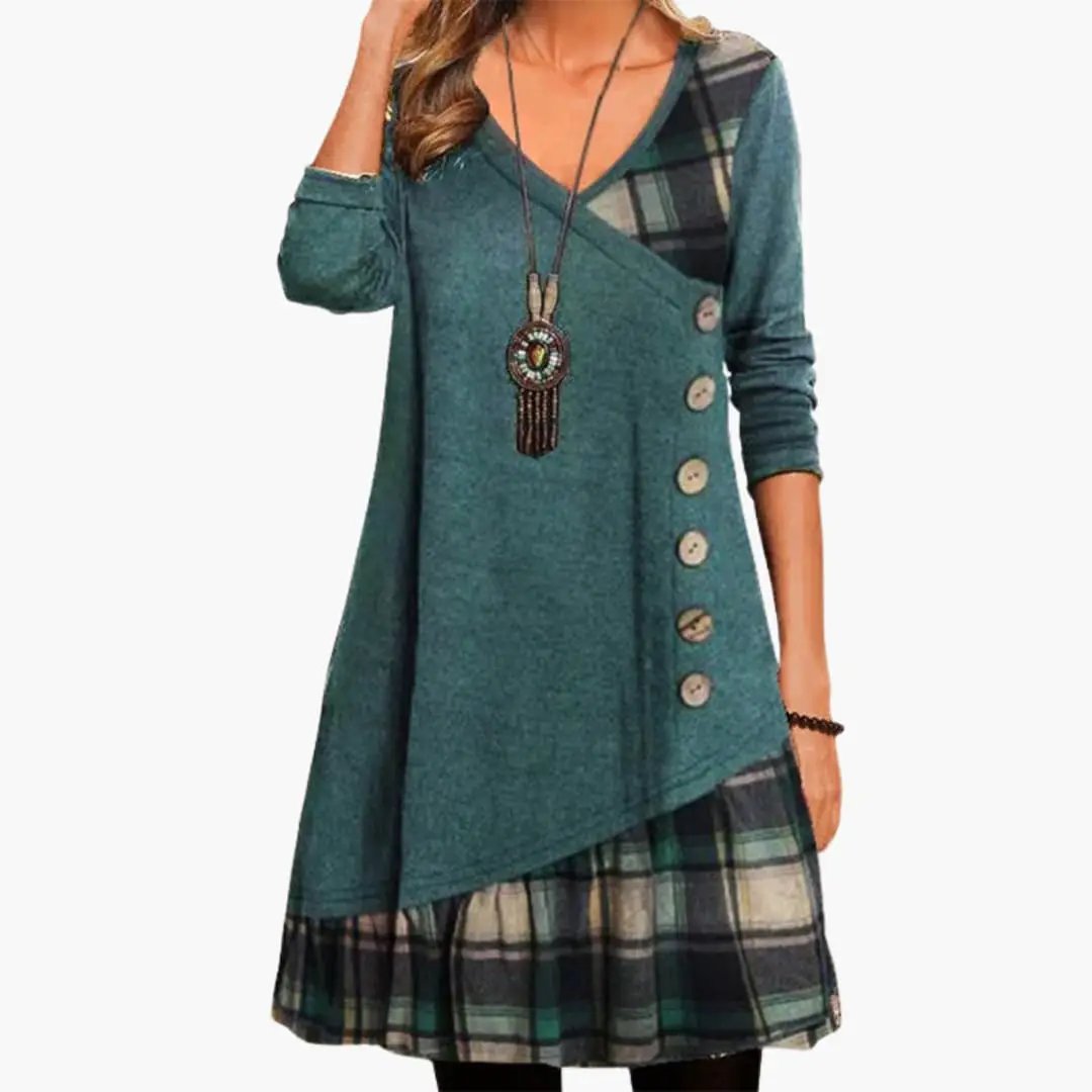 Women's teal long-sleeve checkered dress with an A-line skirt and plaid hem