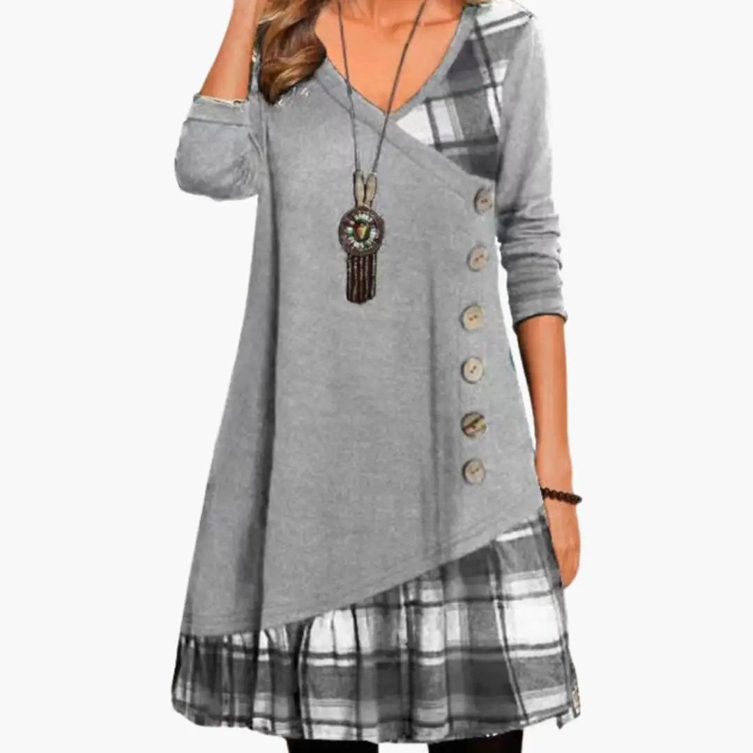 Wilfred Smith Women's long sleeve checkered dress with round neckline in gray plaid