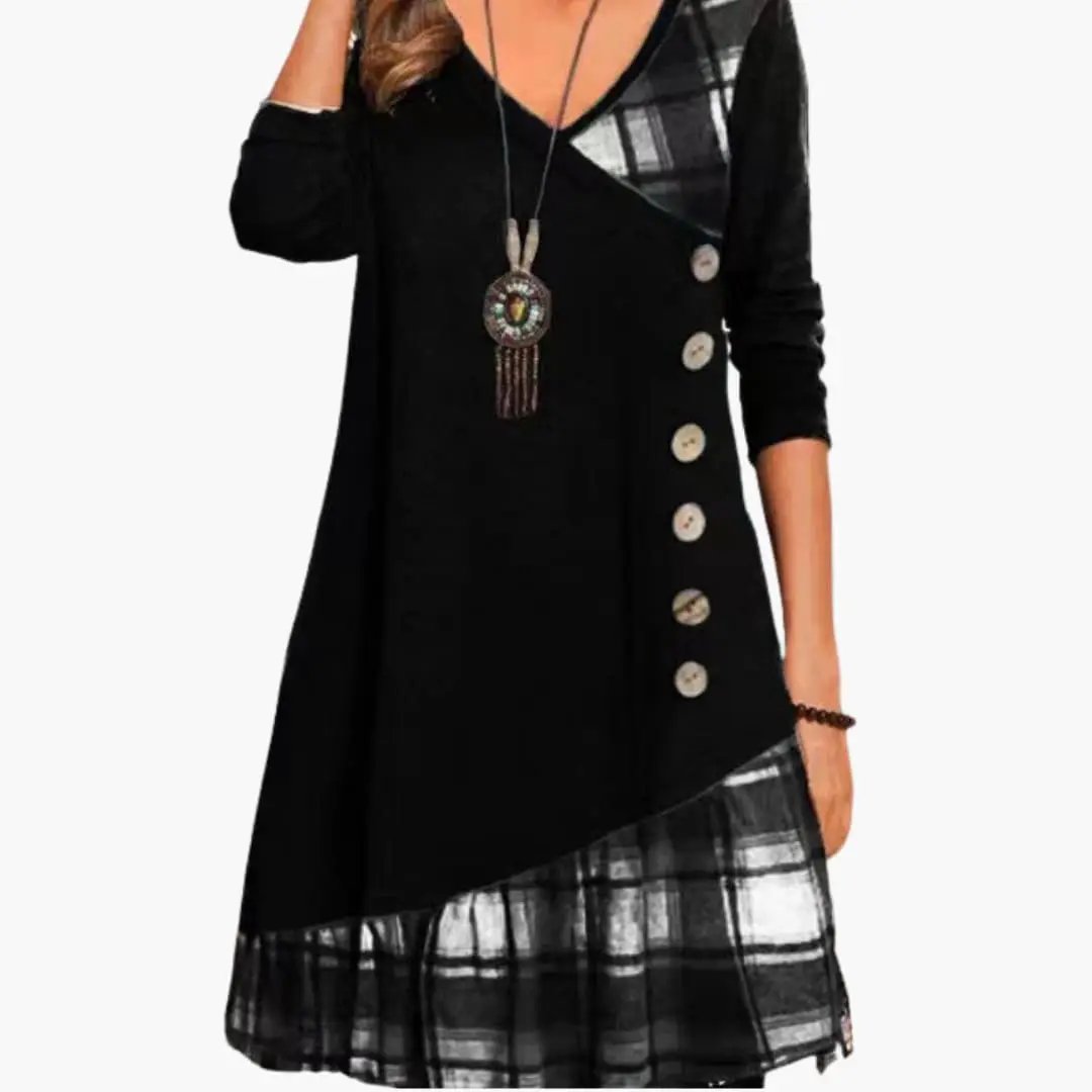 Women’s long sleeve checkered dress by Wilfred Smith, black bodice with plaid hem and side button row.