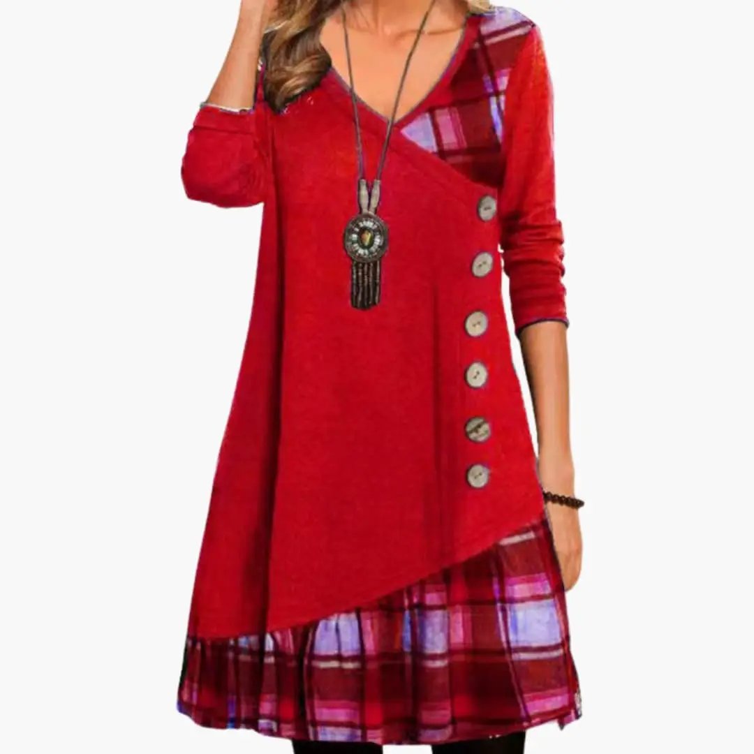 Women’s long sleeve red checkered dress with round neckline, plaid hem, side button row