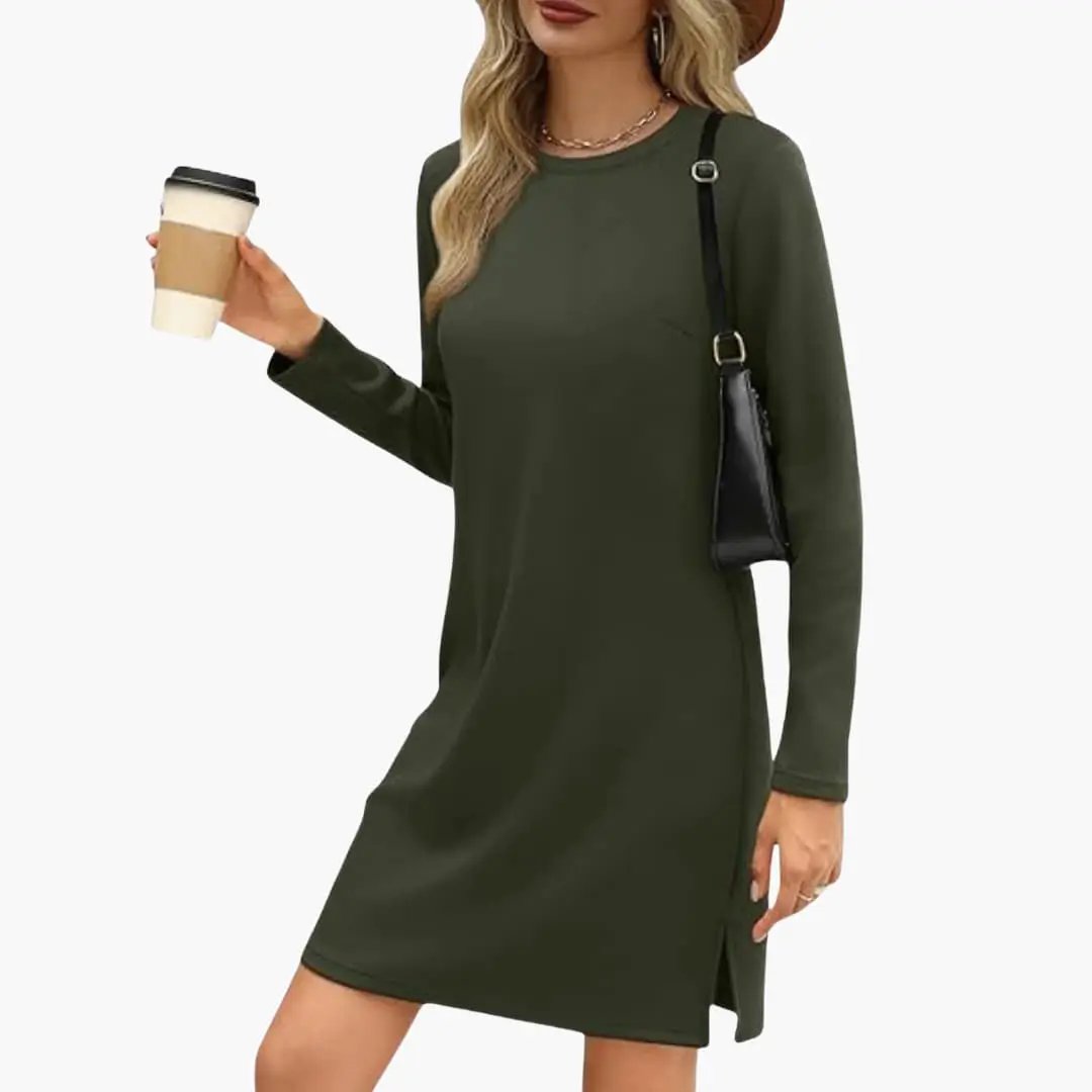 Women's olive green long-sleeve mini dress with round neckline and straight hem.