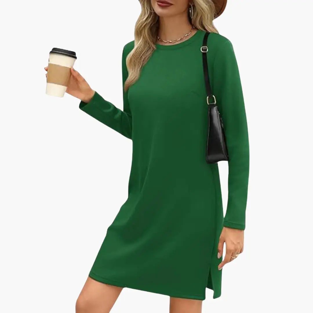 Women's green long-sleeve mini dress with round neck and straight hem