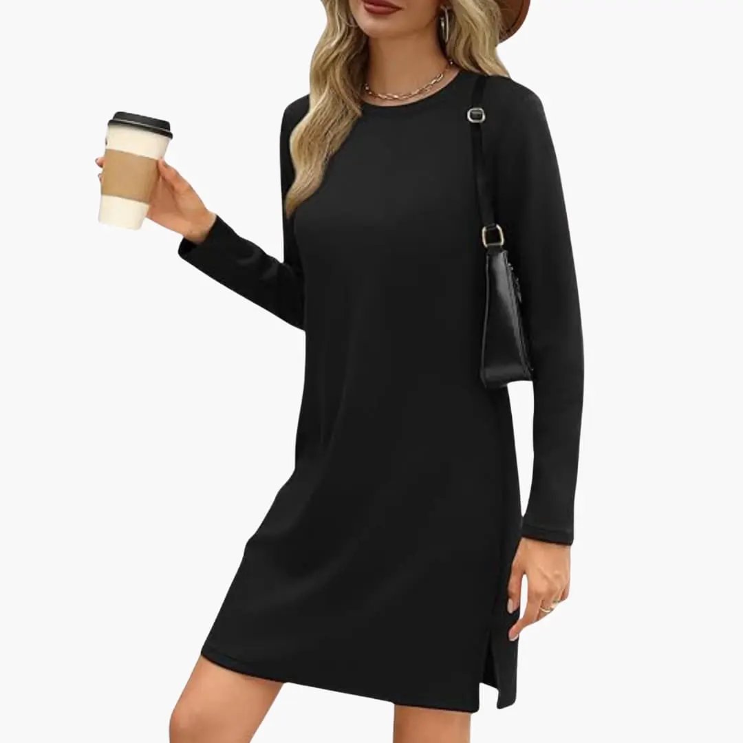 Women's long-sleeve mini dress in black with round neck and straight hem