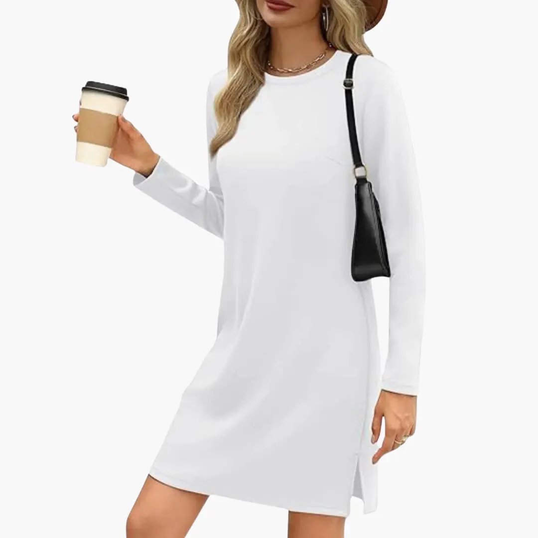 Women's Long Sleeve Mini Dress in white with round neck and straight hem