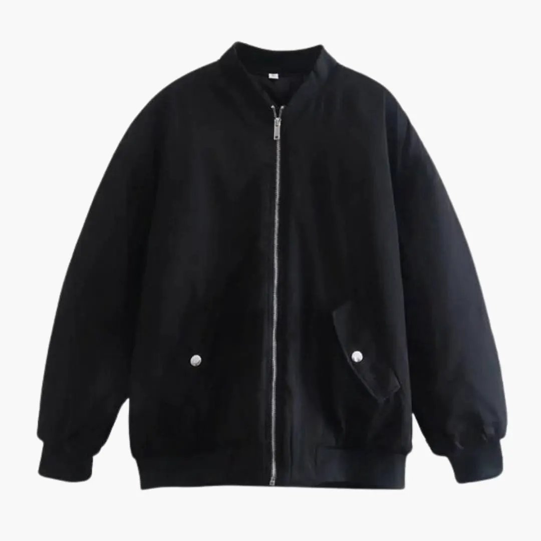 Women's oversized bomber jacket by Wilfred Smith, black long-sleeve with zip-front and snap pockets