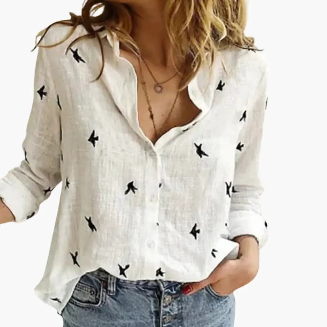 Women’s white long-sleeve blouse with black bird print, button-front, relaxed fit