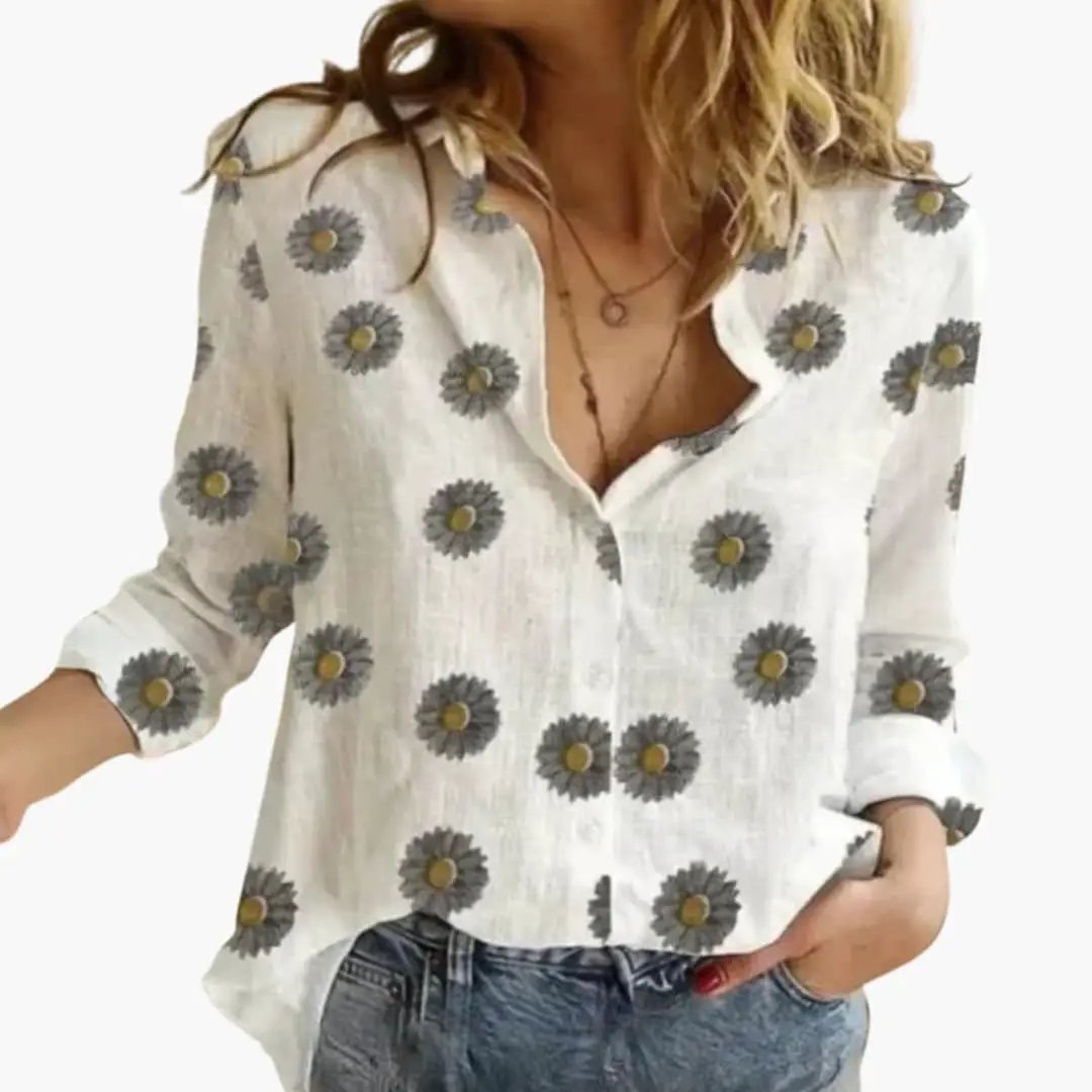 Women's long sleeve polka dot blouse with button front, white fabric with gray dots, relaxed fit