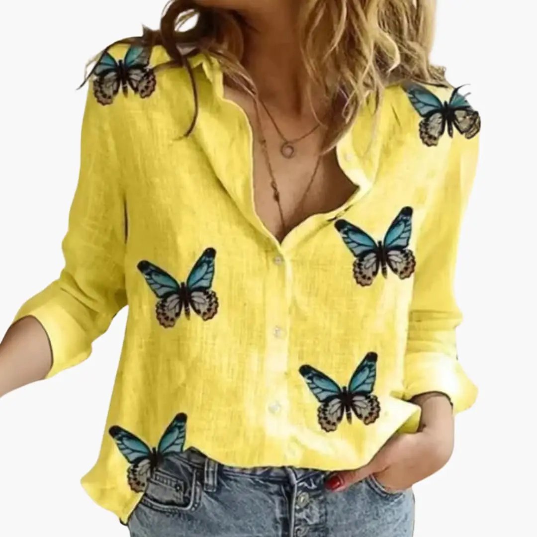 Women’s butterfly-print yellow long-sleeve blouse with button front