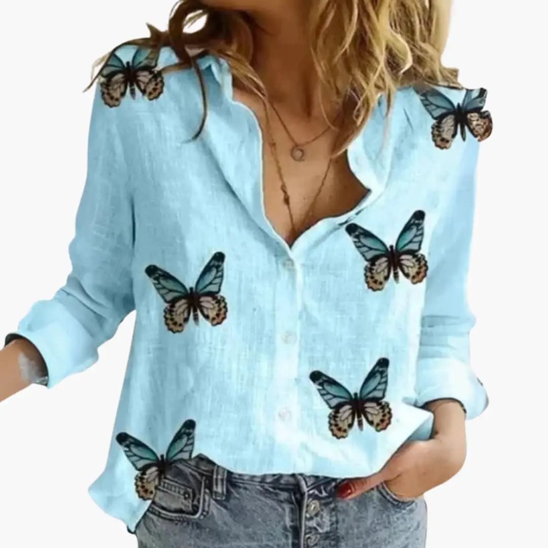 Women’s long-sleeve light blue blouse with butterfly print and button front