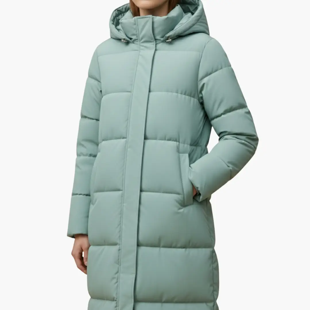 Women's long mint green puffer winter coat with hood and button closure, overcoat style