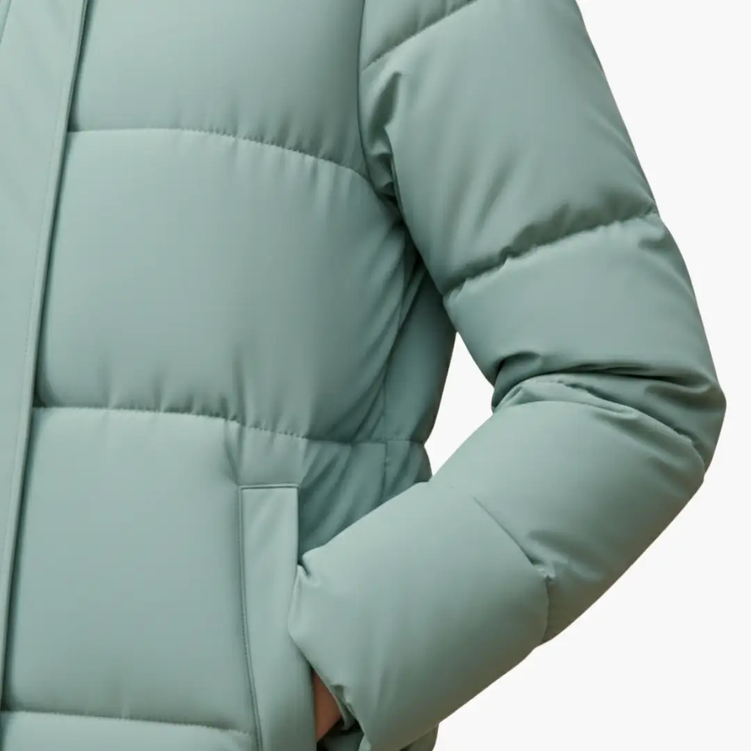 Women's long mint green quilted puffer coat with side pocket