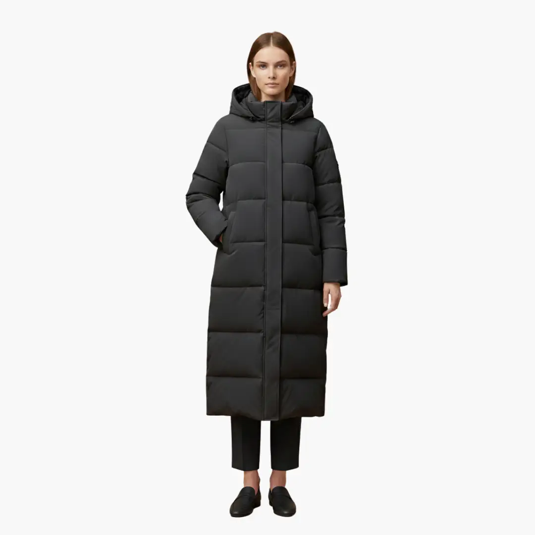 Women's long black puffer coat with hood and button closure
