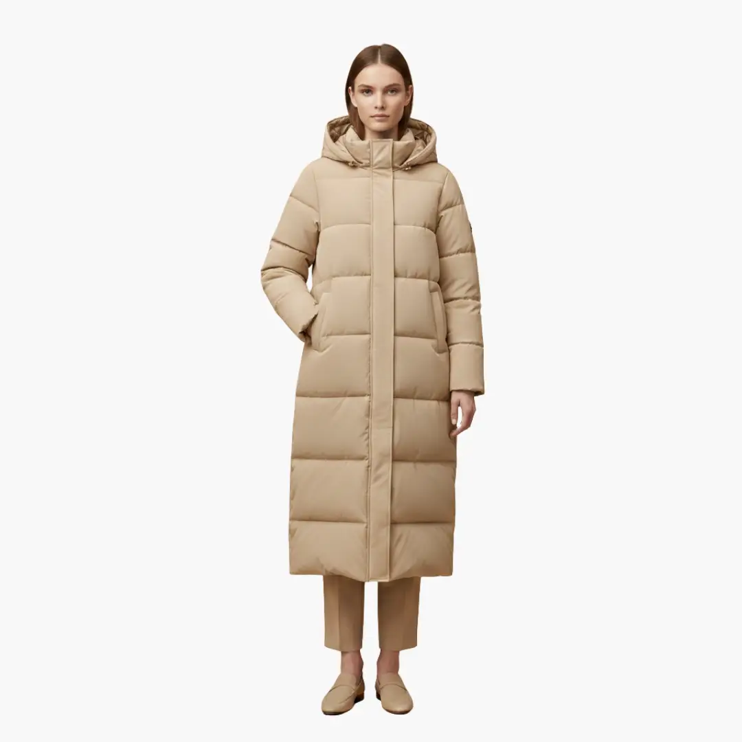 Women's long beige puffer coat with hood and button closure by Wilfred Smith, overcoat