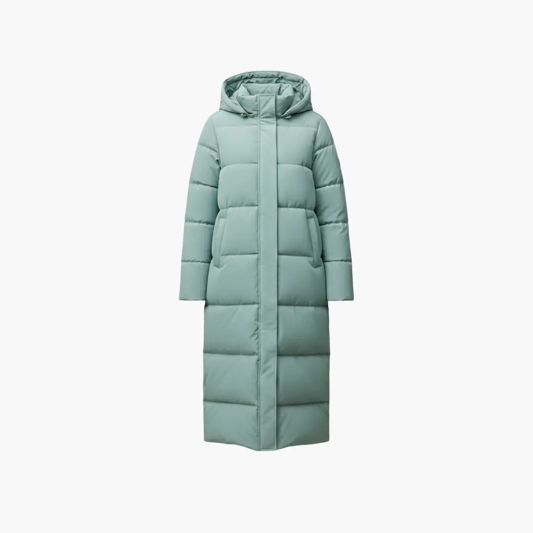 Women's long puffer coat with hood in light teal, button closure
